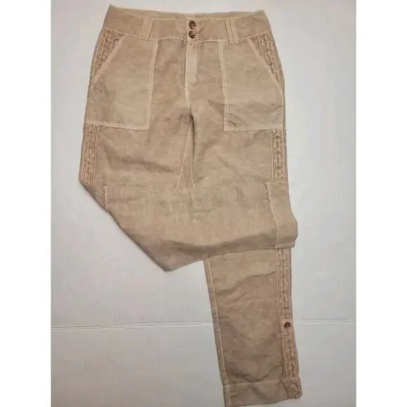 Sundance Pants Womens 6 Organia Lace Panel Linen Blend Relaxed Straight Bohemian - Picture 3 of 8